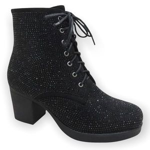 Italina Black Metallic Glitter Rhinestone Embellished Lace-up Combat Booties